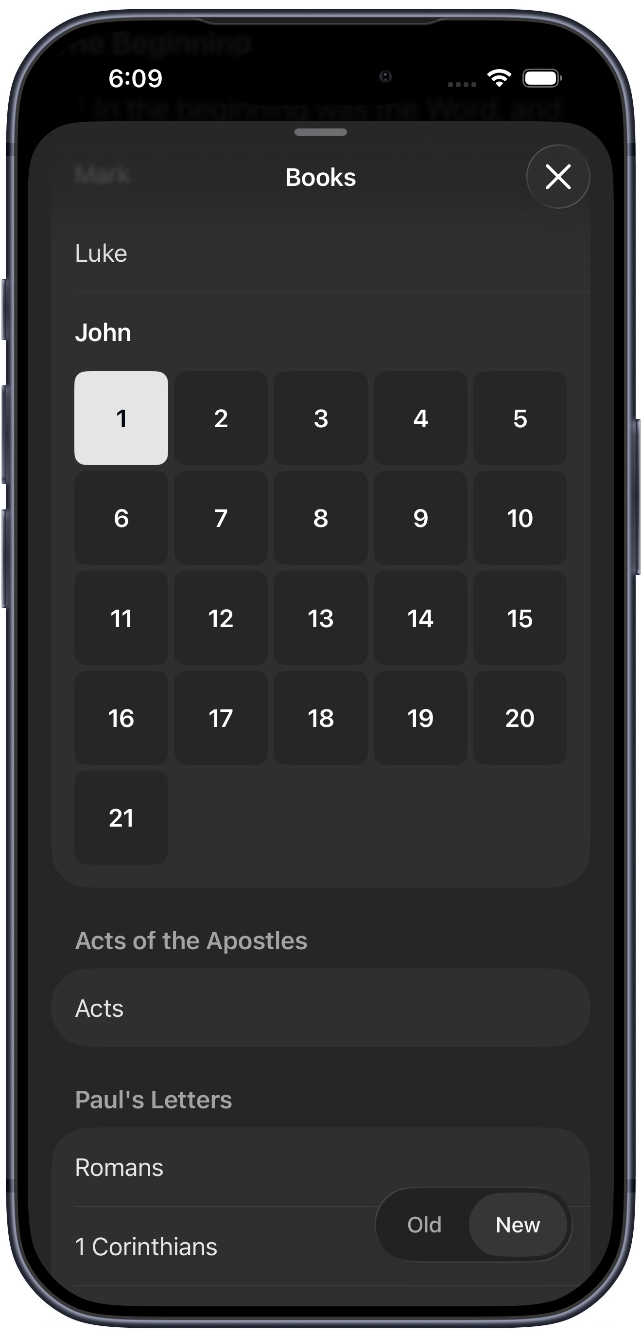 The Simply Scripture app book and chapter navigation